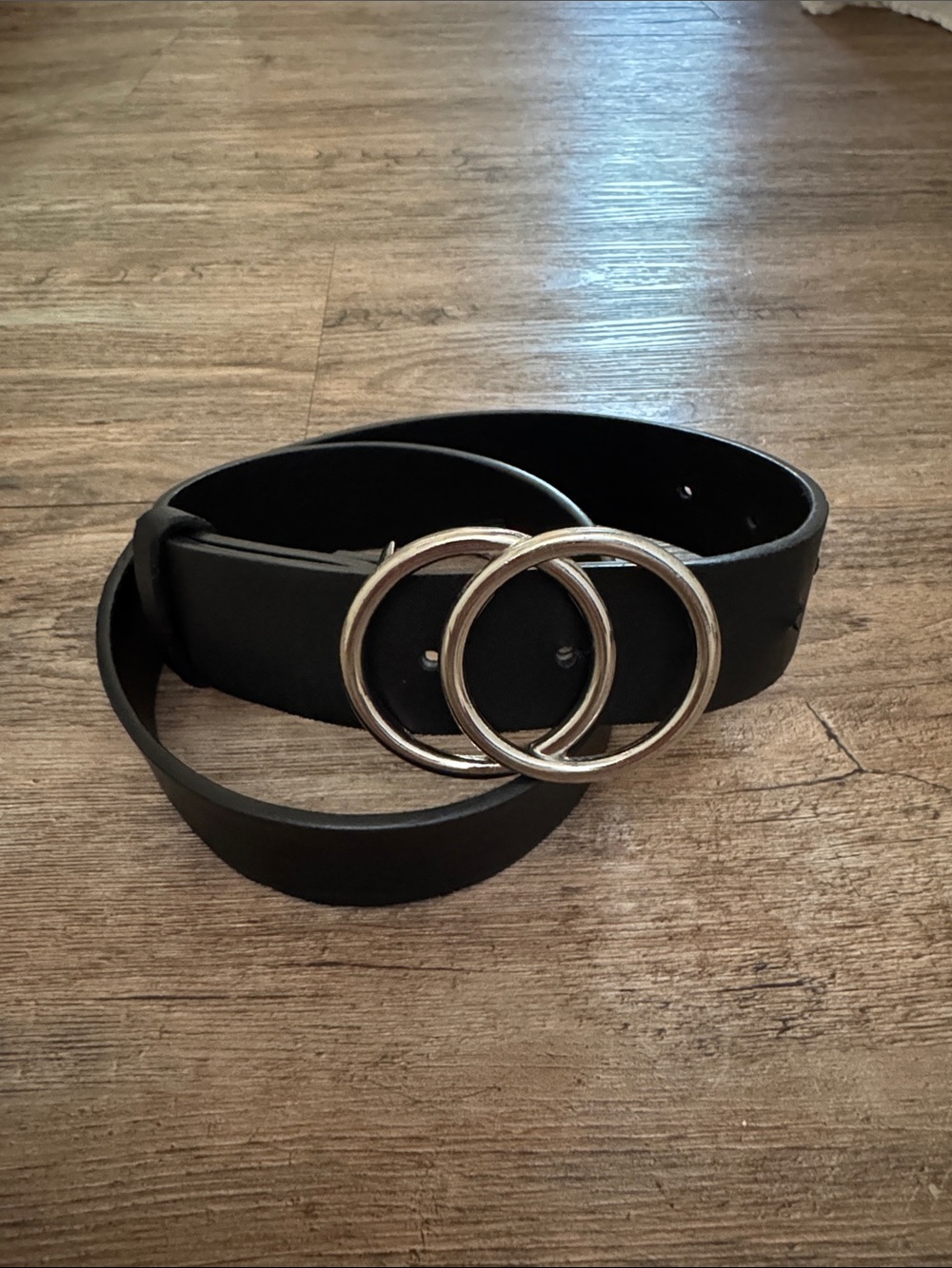 Classic Black Women's Belt with Double Silver Rings